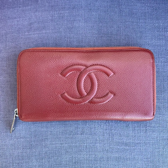 CHANEL Handbags - Chanel Caviar Skin Coco Mark Long Wallet Leather Zip Around Brown Red